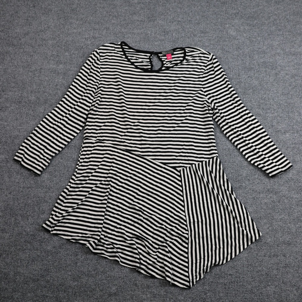 Vince Camuto Shirt Womens Large Black White Striped 3/4 Sleeve Asymmetrical Hem